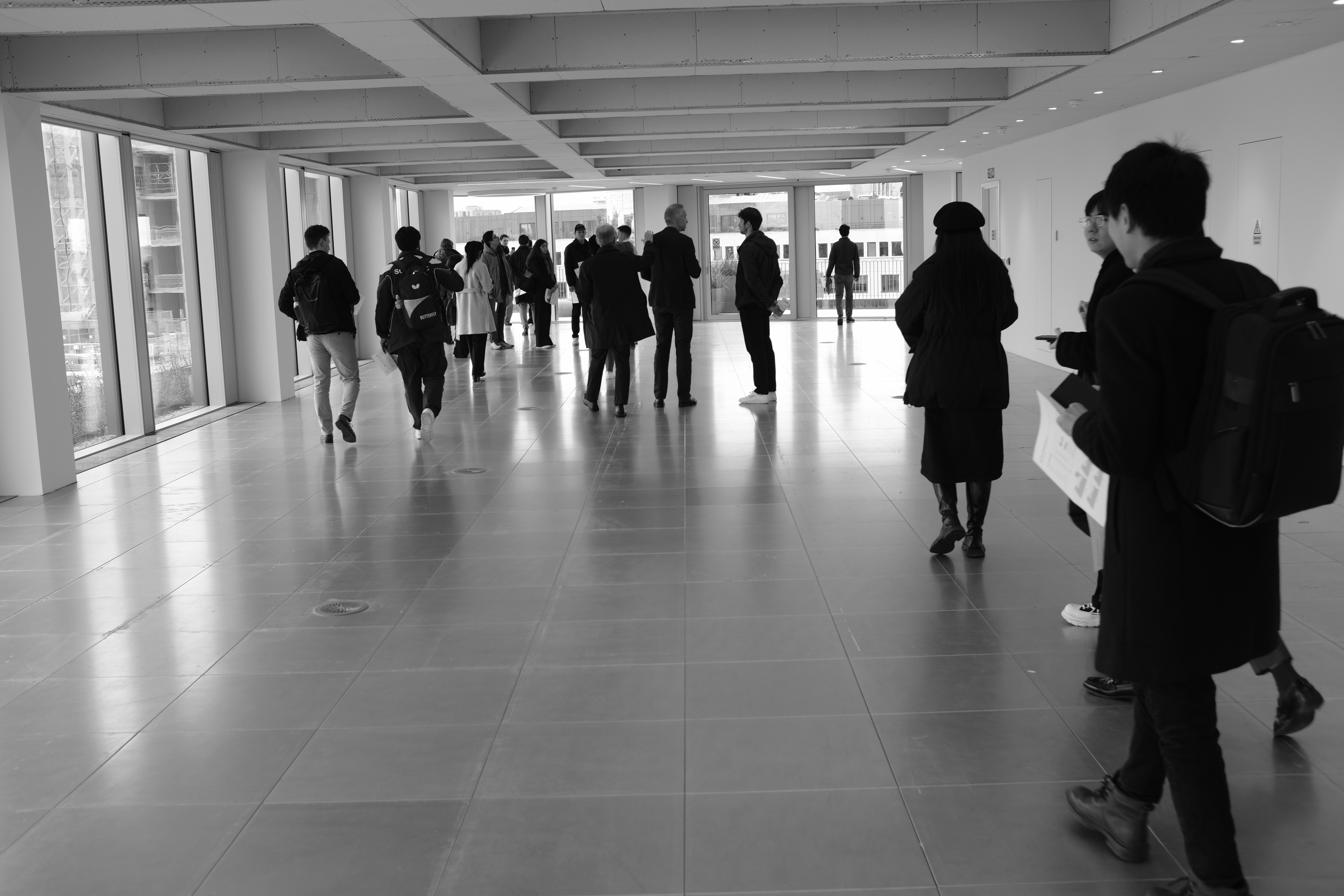 A large room with people