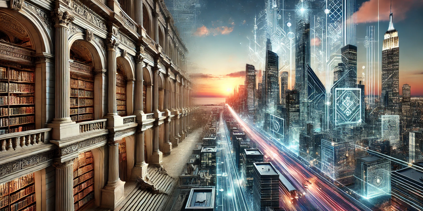 AI-generated image depicting a "Surreal skyline transitioning from library to computer models"