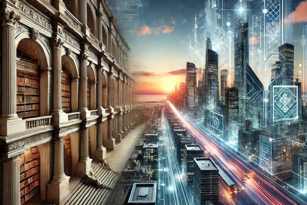 AI-generated image depicting a "Surreal skyline transitioning from library to computer models"